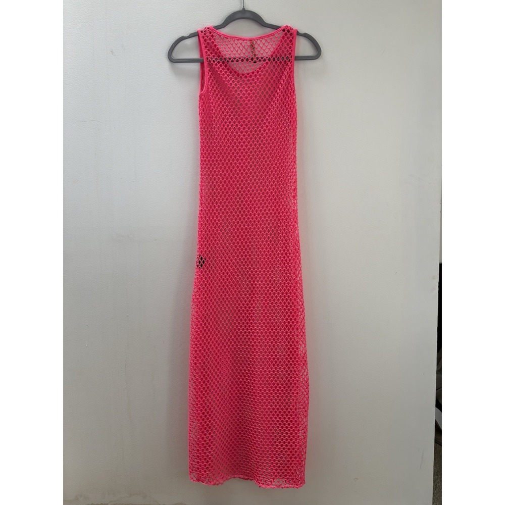 Women Mesh Maxi Cover Up Sz LARGE Neon Pink See Through Summer Dress Beach - Picture 5 of 13